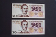 2 x 20 złotych 1982 r. - ser. L - RZADSZA - UNC - KOLEJNE NUMERY