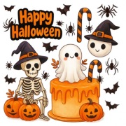 Opłatek na tort Halloween Duchy Kotek Dynia Nietoperz 20cm + Figurki