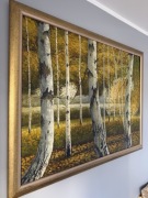 Duży obraz olejny 86cmx112 cm- Brzozowy las sygn.JB w zestawie z ramą.