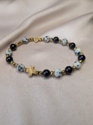 Bransoletka różaniec kamienie jaspis dalmatyński onyks krzyżyk serduszko 