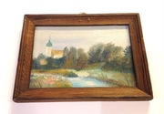 Stary mały obraz olejny pejzaż wiejski