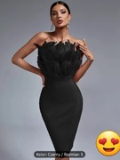 Sukienka midi pióra tuba bandażowa czarna S modelującą lux 