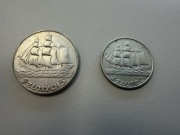 Dwie srebrne monety z 1936 r. 15 Rocznica Portu w Gdyni. 