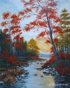 PEJZAŻ MALOWANY AKRYLOWY "W JESIENNEJ CZERWIENI" - 30x24cm