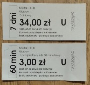 Dwa bilety MPK Kraków 7 dniowy i godzinny ulgowe nieskasowane