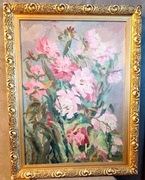 Obrazy olejne 3 szt. ze zbiorów Zofii Brzękowej. Kwiaty. Złote ramy.