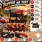 Topper na tort Happy Birthday wyścigi samochodowe auta rajdowe brokat