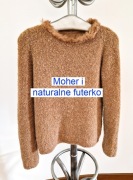 Sweter damski, mohair, karmel/camel/toffi, pod szyją futerko–38/40