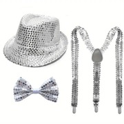 Kapelusz szelki cekiny 3w1 męski zestaw na karnawał srebrny nowy