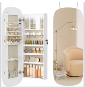 szafka na biżuterię z lustrem – organizer z LED i zamkiem, biała 