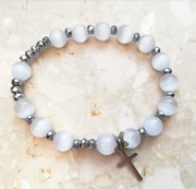 Różaniec bransoletka dziesiątka jasno szara kocie oko 8mm hematyt