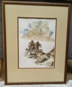 Oryginalna akwarela w ramie – pejzaż wiejski, chata, obraz sygnowany