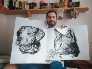 2 rysunki: kot i pies, brystol 50x69 cm, 250 g/m2