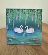 Ręcznie malowany obraz 20x20 cm  łabędzie romantyczny  do salonu pokoju
