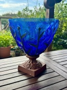 Artystyczny Kielich Patera Kobaltowe Szkło Żeliwo Unikat Design PRL