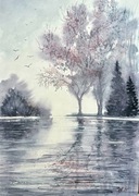 Odbicie w jeziorze Original Akwarela 42x30cm