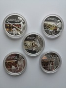 5 Uncji Srebra, Zestaw Pięciu Monet five oz Ag PROOF High Relief Silver 5x1