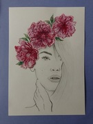 Akwarelowy portret kobiety z kwiatami na głowie .