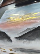 Akwarela Góry Pejzaż Jezioro Złoto Zachód Słońca 30x42 Minimalizm Metalik