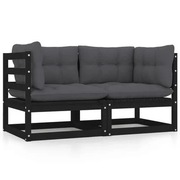 VidaXL 2-osobowa sofa ogrodowa z poduszkami, czarna, lite drewno sosna