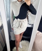 Sweter gold damski prążkowany dwukolorowy beż z czernią L