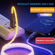 Przewód świecący USBA USBC PD 66W 6A Zmienia kolory RGB