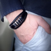 SKÓRZANA BRANSOLETKA CZARNA SREBRNA STAL 316L