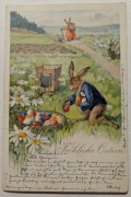 Pisanki Zając Wielkanoc chromolitografia pocztówka przedwojenna 