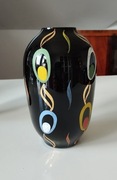 Wazon, czarne szkło, ręcznie malowane, VEB KUNSTGLAS ARNSTADT