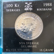 100 koron 1988 Szwecja Kolonia w Delaware    Ag 0,925 waga 16 g