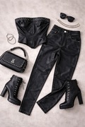 Czarny zestaw damski eko skóra | gorset + spodnie | rock / clubbing | XS S