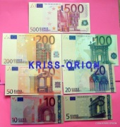 Banknoty Euro - Pozłacane plastikowe repliki Au24k -Zestaw 7sztuk
