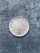 50 centimes 1918 r. Francja srebro siewca piękne