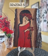 Obraz na desce z korą /Anioł w makach