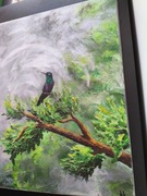 W Ciszy Obraz Olejny 50x60 Ptak Koliber Srebro Las Struktura Loft Mgła