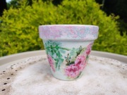 Doniczka na kwiaty terakota różowy kwiatek ręcznie robiona