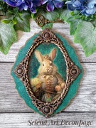 Piękny medalion z zającem vintage Prowansja shabby chic decoupage handmade