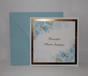 Kartka na Chrzest Święty złota niebieskie róże dla chłopca błękitna kwiaty