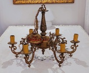 Żyrandol mosiężny mosiądz, 6 ramienny świece  prl  Vintage retro z mosiądzu