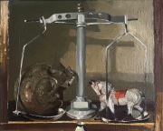 Martwa natura z czaszką wagą i konikiem, olej na płótnie