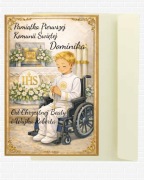 Kartka na Komunię Świętą Personalizowana Chłopczyk na Wózku Inwalidzkim 