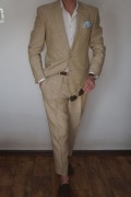 Lniany Garnitur SERUSSI 50 | 100% Len Tollegno 1900 | Beżowy Slim