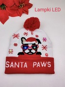 Świecąca świąteczna czapka czerwona zimowa Boże Narodzenie piesek LED