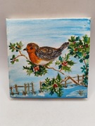 Obraz obrazek zimowy ptak gil rudzik przyroda ręcznie malowany 