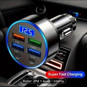 Ładowarka samochodowa 6-cio portowa z USB-C z wyświetlaczem cyfrowym.