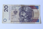 Banknot 20 zł z 2016 roku Seria BK0200203 ciekawy numer
