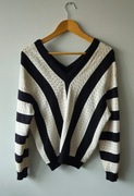 Sweter V- neck biało-czarne pasy 45%modal 15%angora