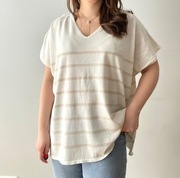 Lniany sweter oversize w paski biały beżowy w serek plus size 46