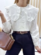 Bawełniana koszula z dużym kołnierzem bufiaste rękawy vintage retro biała