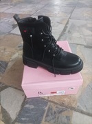 Krótkie botki  ocieplane czarne na sznurowadla  dodatkowo zamek z boku